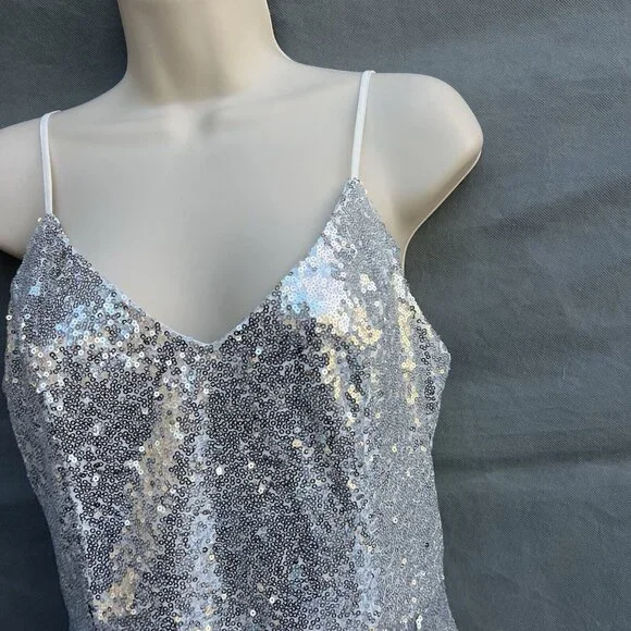 Lulu's Size M Silver Sequin Spaghetti Strap Party Mini Dress Draped V-Neck - Picture 5 of 6